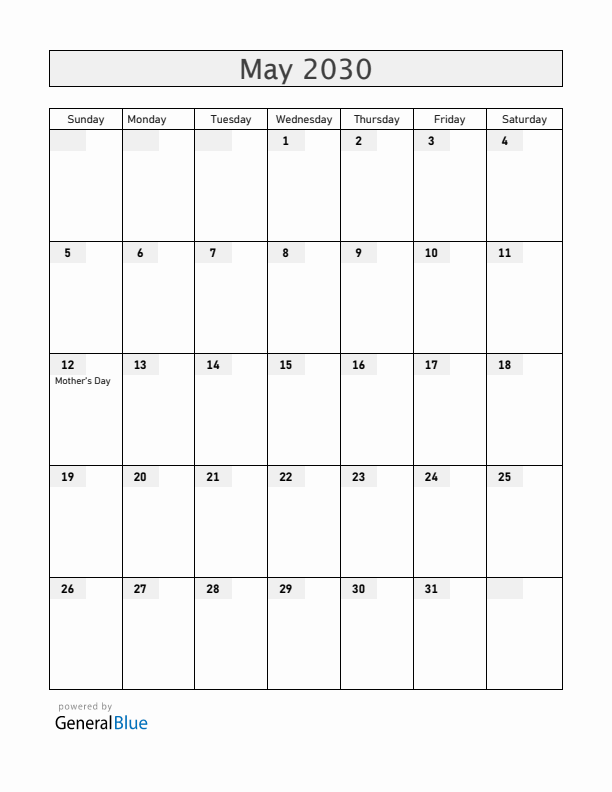Australia May 2030 Calendar with Holidays