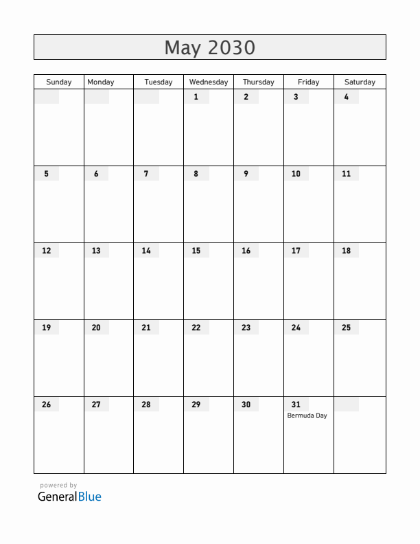 Bermuda May 2030 Calendar with Holidays