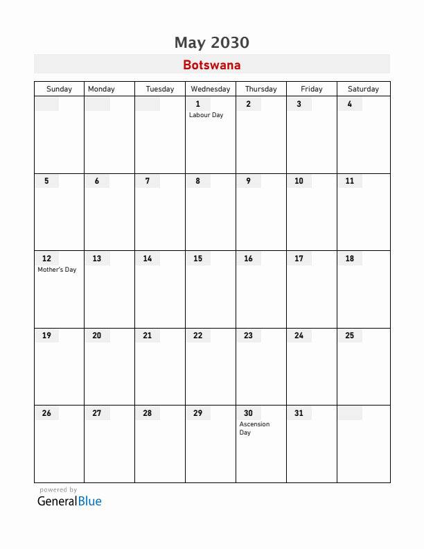 Botswana May 2030 Calendar with Holidays