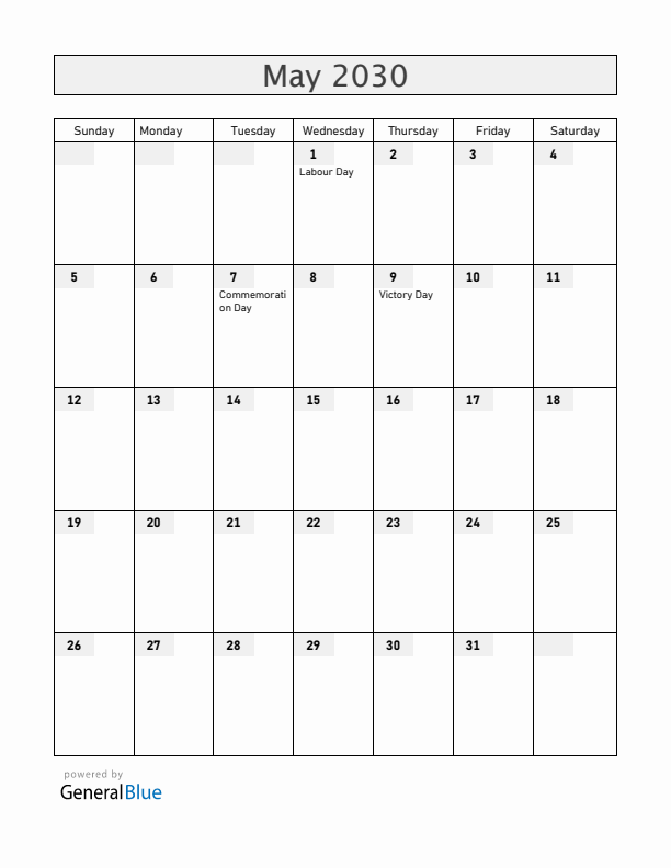 Belarus May 2030 Calendar with Holidays
