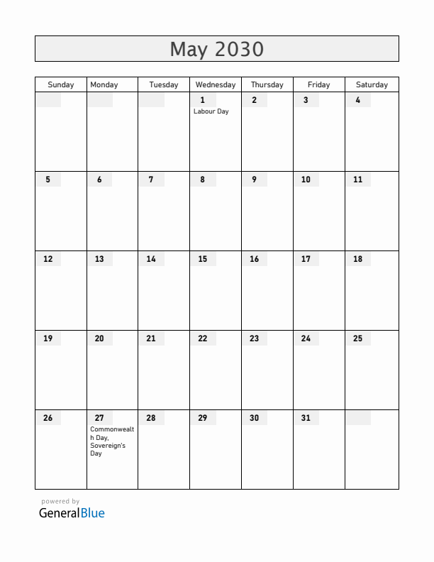 Belize May 2030 Calendar with Holidays