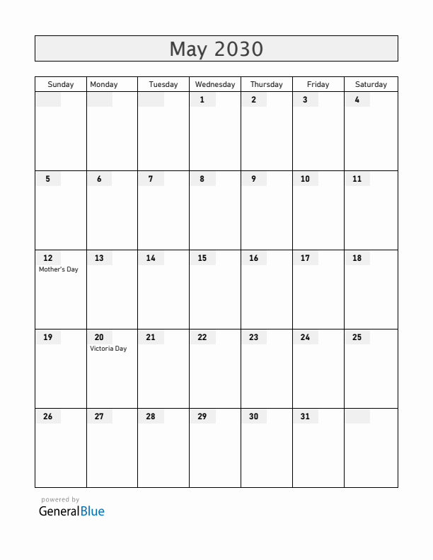 Canada May 2030 Calendar with Holidays