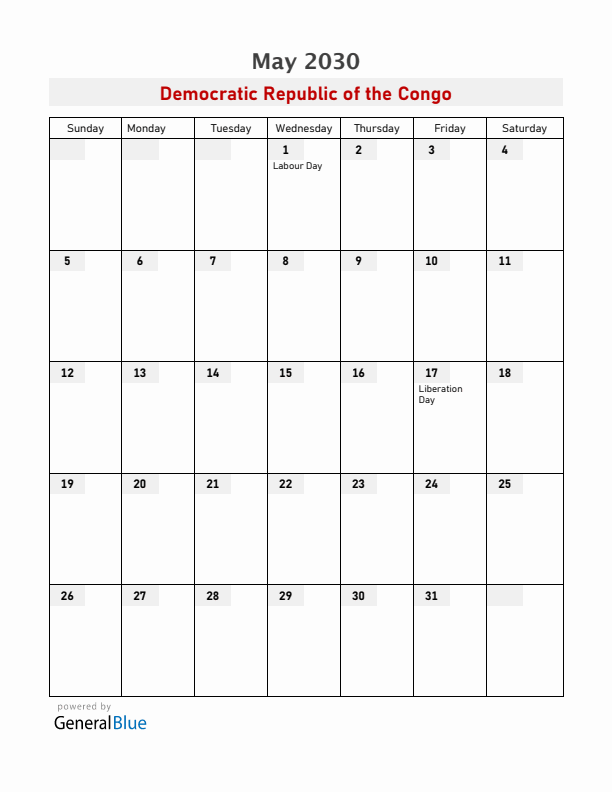 Democratic Republic of the Congo May 2030 Calendar with Holidays