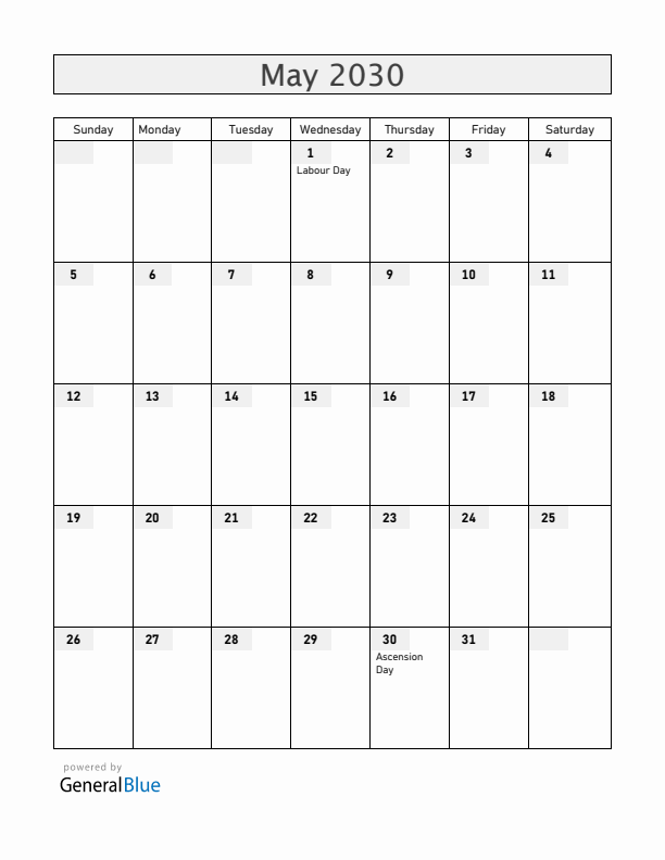 Central African Republic May 2030 Calendar with Holidays