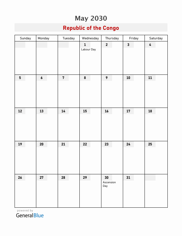 Republic of the Congo May 2030 Calendar with Holidays