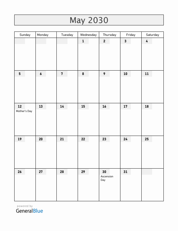 Switzerland May 2030 Calendar with Holidays