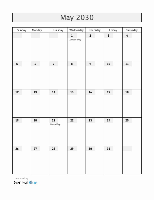 Chile May 2030 Calendar with Holidays