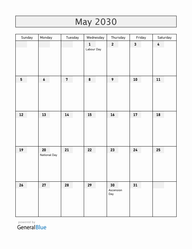 Cameroon May 2030 Calendar with Holidays