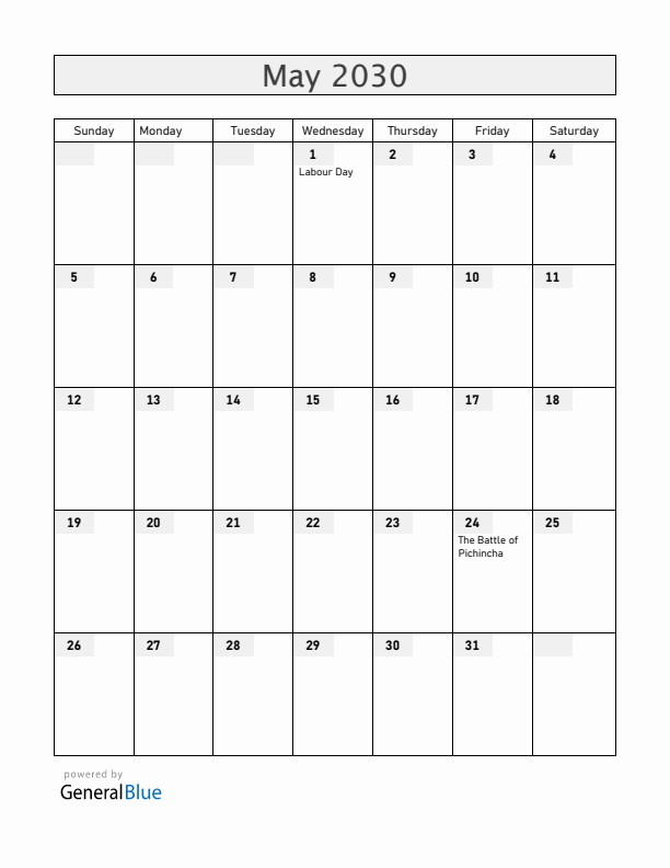 Ecuador May 2030 Calendar with Holidays