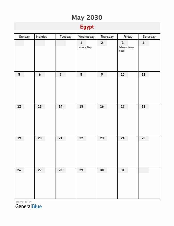 Egypt May 2030 Calendar with Holidays