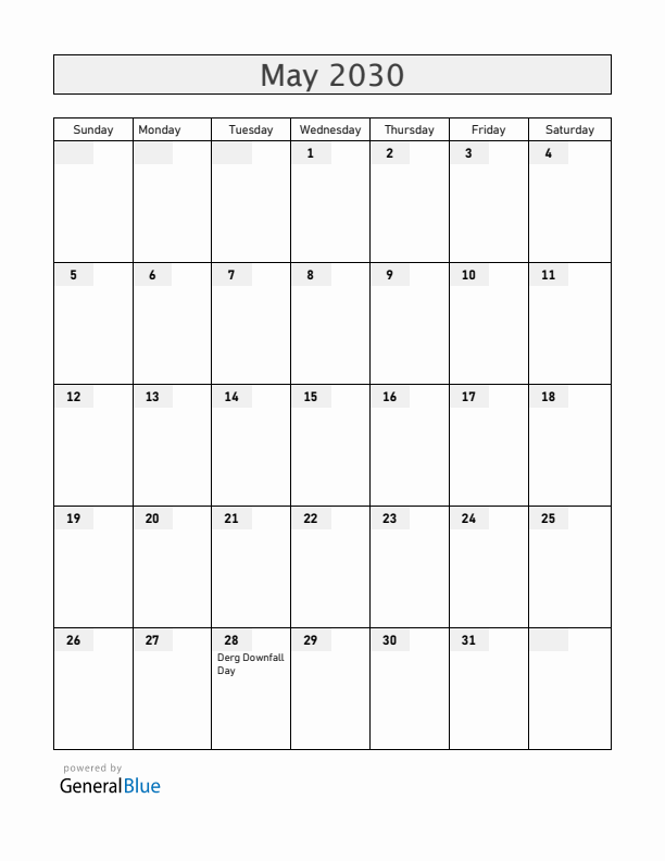 Ethiopia May 2030 Calendar with Holidays