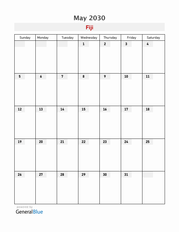 Fiji May 2030 Calendar with Holidays