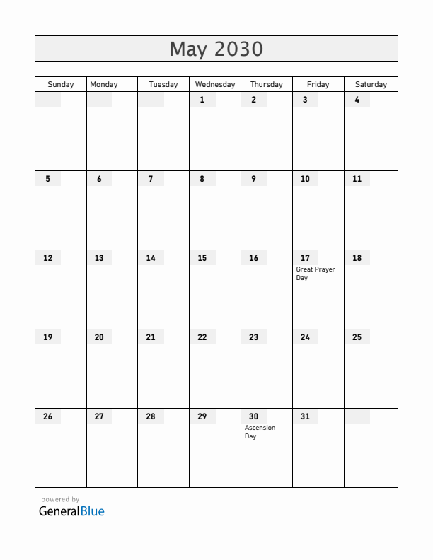 Faroe Islands May 2030 Calendar with Holidays