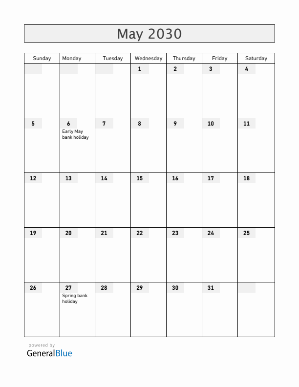 United Kingdom May 2030 Calendar with Holidays
