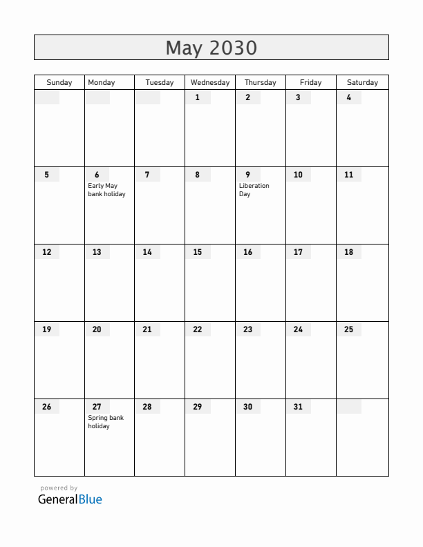 Guernsey May 2030 Calendar with Holidays