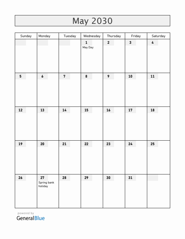 Gibraltar May 2030 Calendar with Holidays