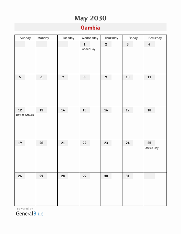 Gambia May 2030 Calendar with Holidays