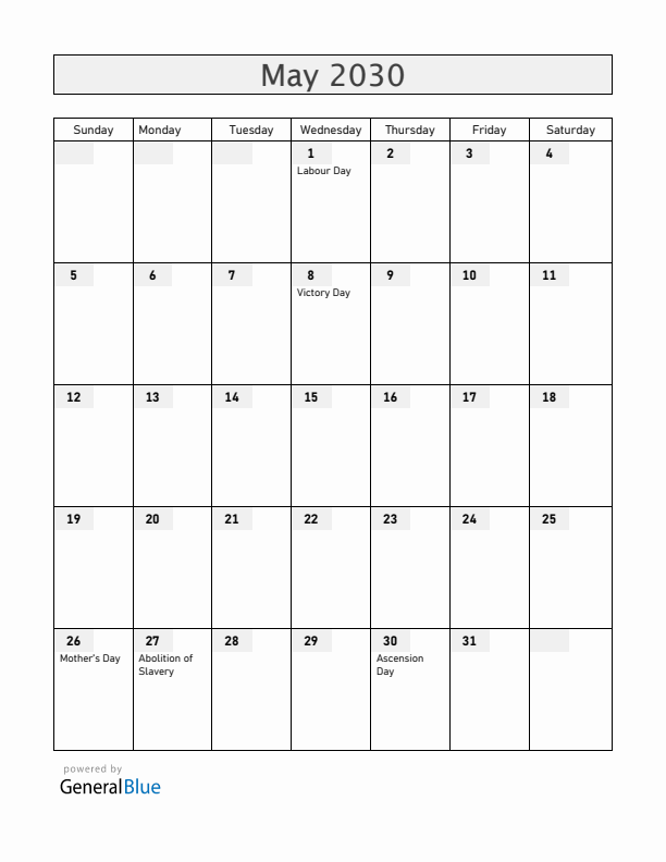 Guadeloupe May 2030 Calendar with Holidays
