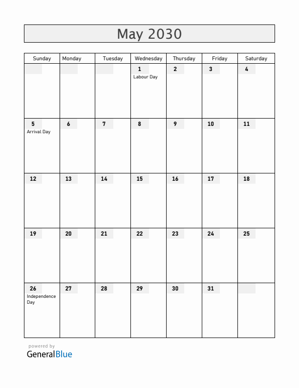Guyana May 2030 Calendar with Holidays