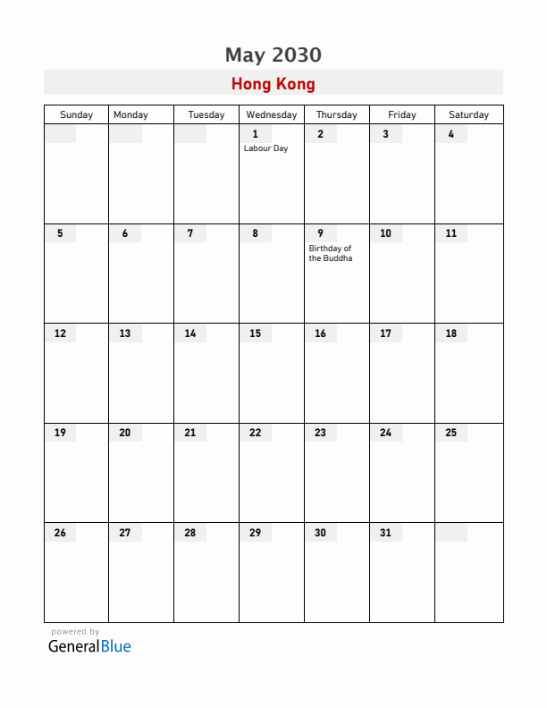 Hong Kong May 2030 Calendar with Holidays