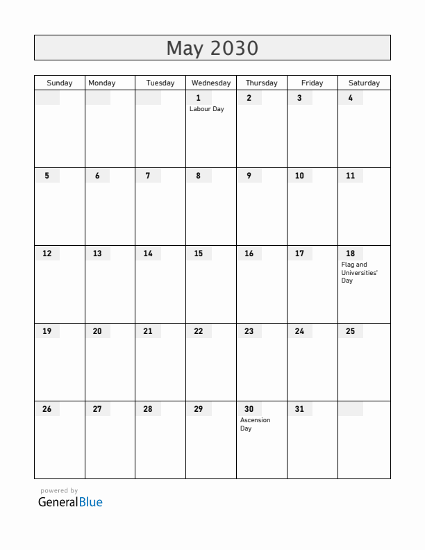 Haiti May 2030 Calendar with Holidays