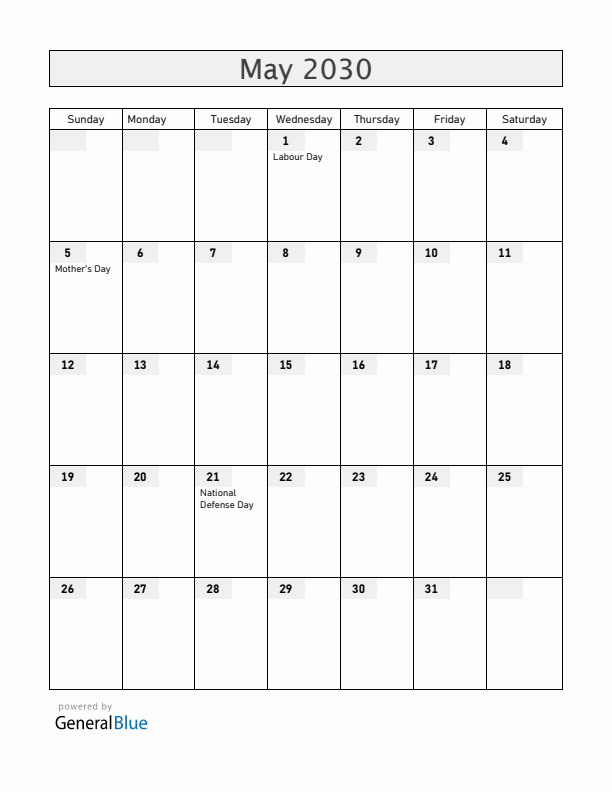 Hungary May 2030 Calendar with Holidays