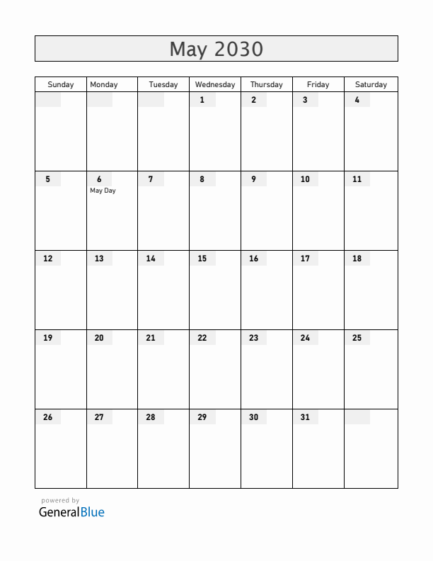 Ireland May 2030 Calendar with Holidays