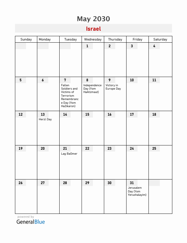 Israel May 2030 Calendar with Holidays