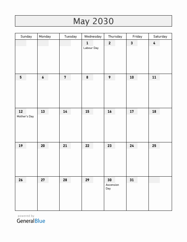 Iceland May 2030 Calendar with Holidays