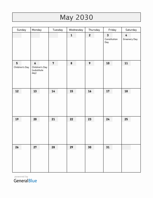 Japan May 2030 Calendar with Holidays