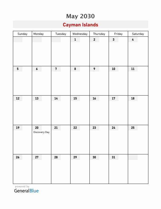 Cayman Islands May 2030 Calendar with Holidays