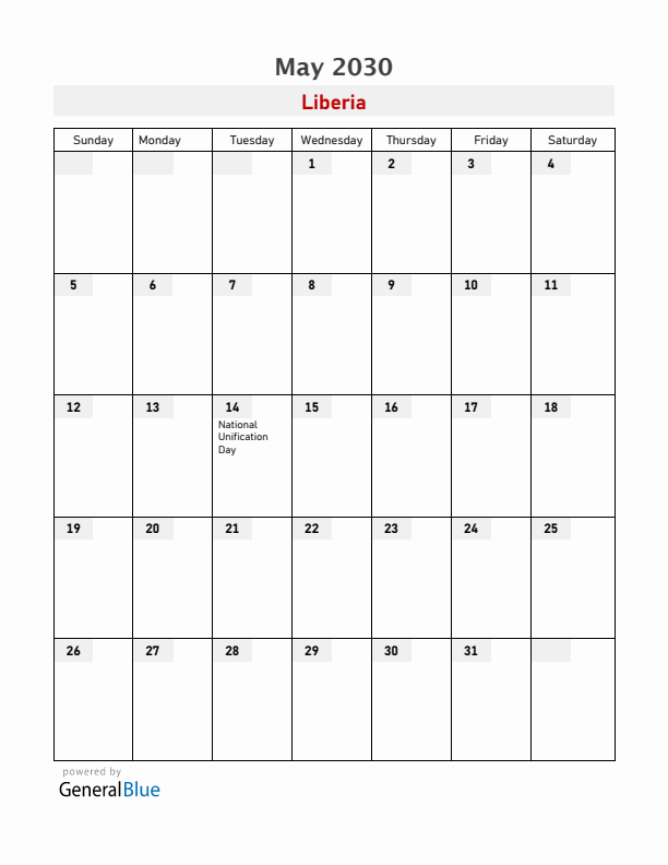 Liberia May 2030 Calendar with Holidays