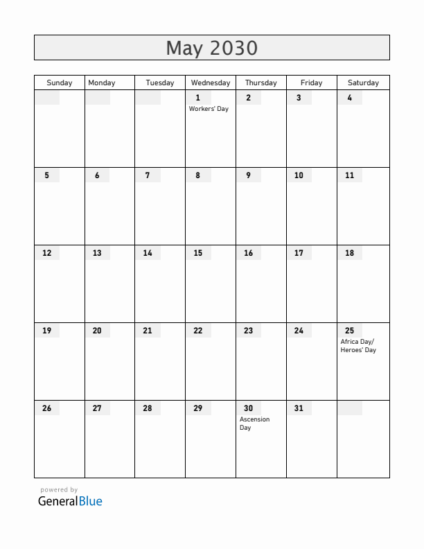 Lesotho May 2030 Calendar with Holidays