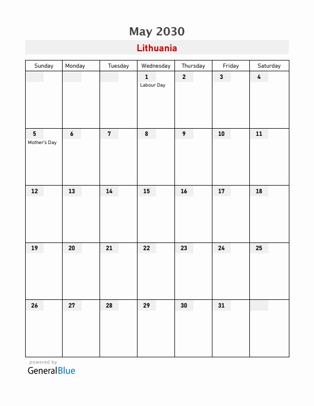 Lithuania May 2030 Calendar with Holidays