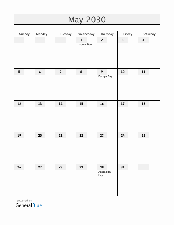 Luxembourg May 2030 Calendar with Holidays
