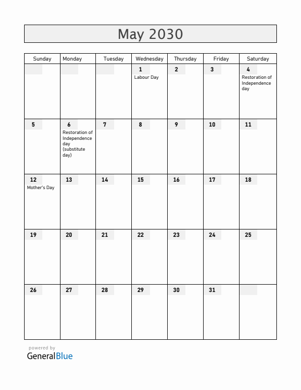 Latvia May 2030 Calendar with Holidays
