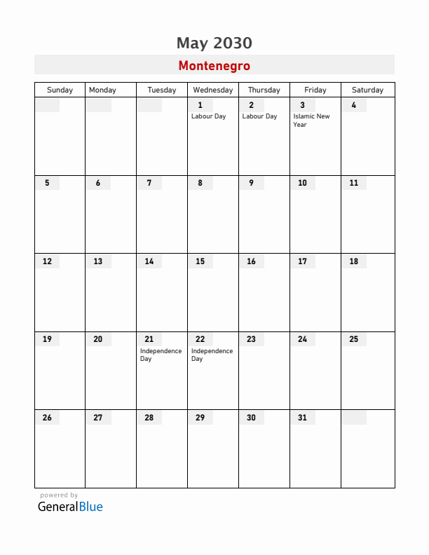 Montenegro May 2030 Calendar with Holidays