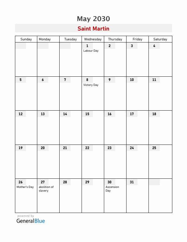 Saint Martin May 2030 Calendar with Holidays