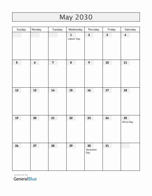 Madagascar May 2030 Calendar with Holidays