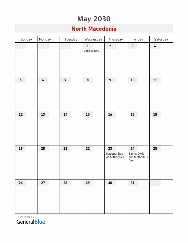 North Macedonia May 2030 Calendar with Holidays
