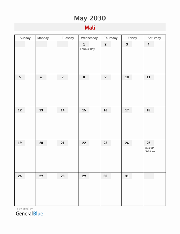Mali May 2030 Calendar with Holidays