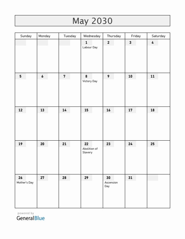 Martinique May 2030 Calendar with Holidays