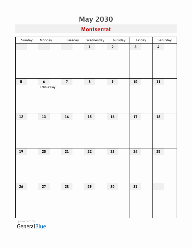 Montserrat May 2030 Calendar with Holidays