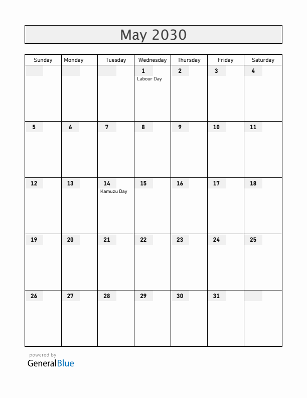 Malawi May 2030 Calendar with Holidays