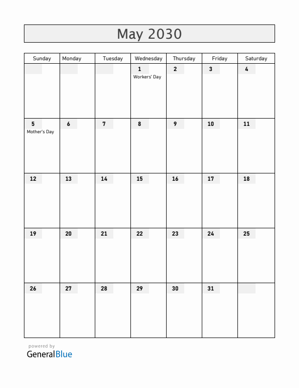 Mozambique May 2030 Calendar with Holidays
