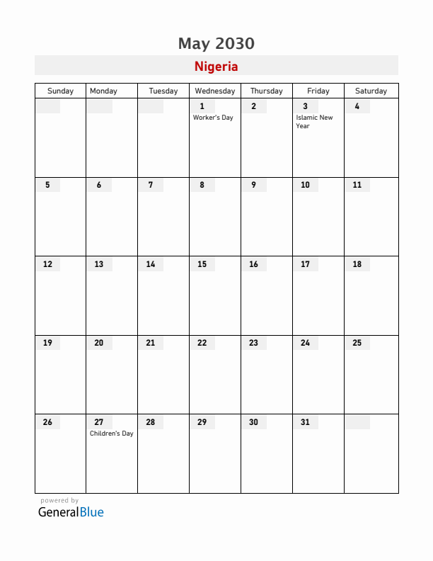 Nigeria May 2030 Calendar with Holidays