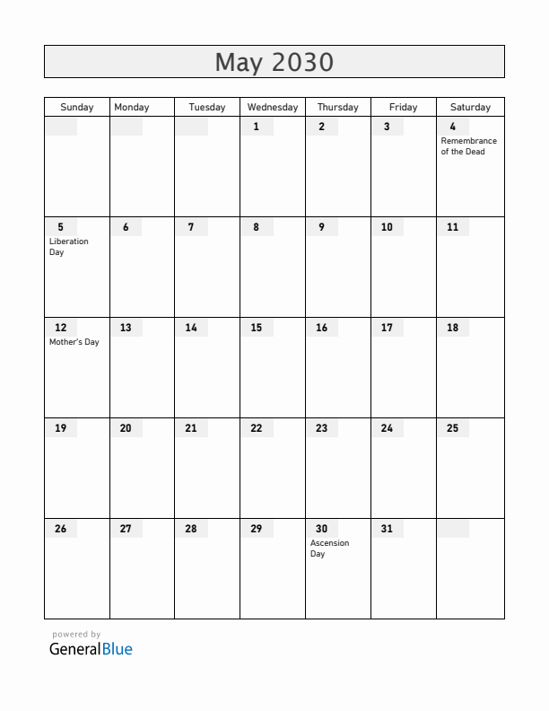 The Netherlands May 2030 Calendar with Holidays
