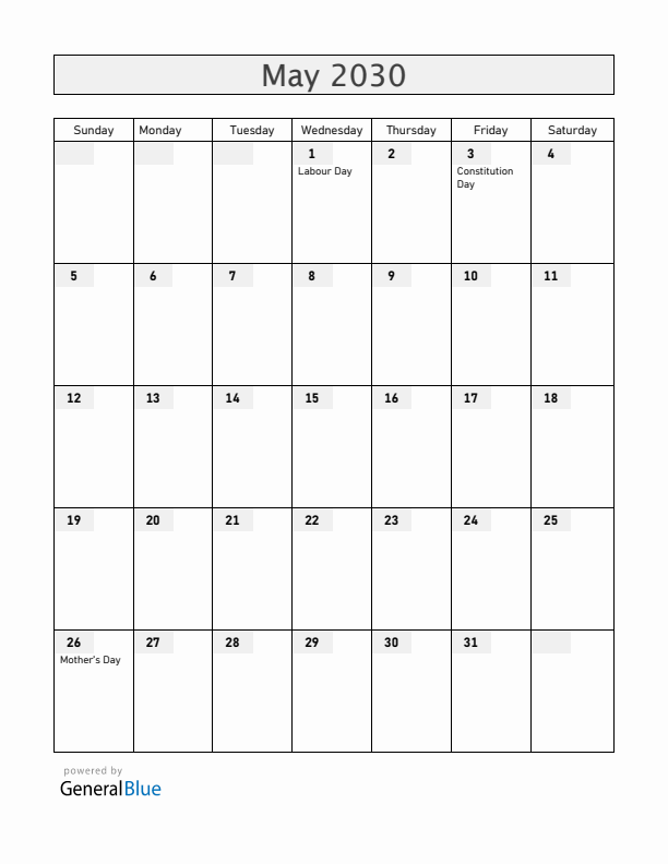 Poland May 2030 Calendar with Holidays