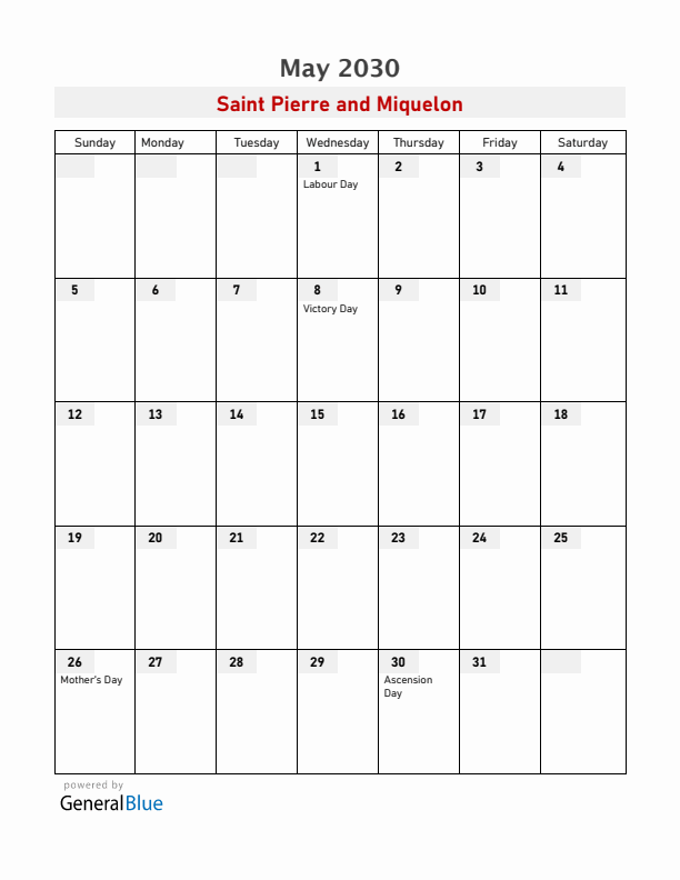 Saint Pierre and Miquelon May 2030 Calendar with Holidays