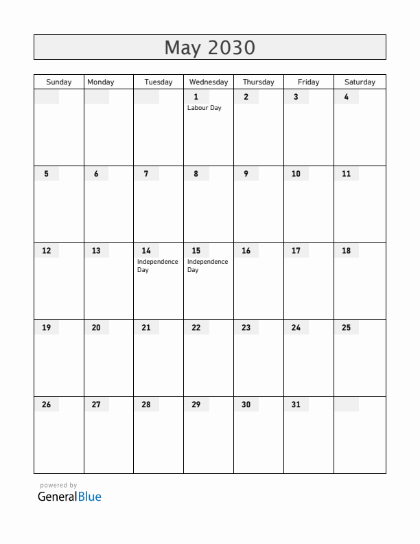 Paraguay May 2030 Calendar with Holidays